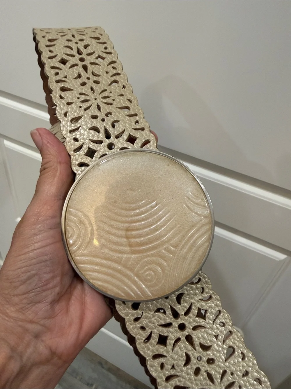 Chico's Cream Laser-Cut Floral Waist Belt with Round Decorative Buckle